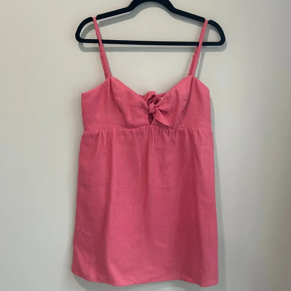 Reformation Ryland Linen Mini Dress Pink Bow Tie Front Slip Dress Size 6 - Picture 3 of 10
